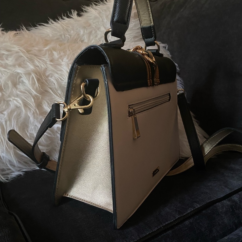 Aldo Colorblock Chain Top Handle Crossbody Satchel Bag Black Tan White NWT - Picture 3 of 5